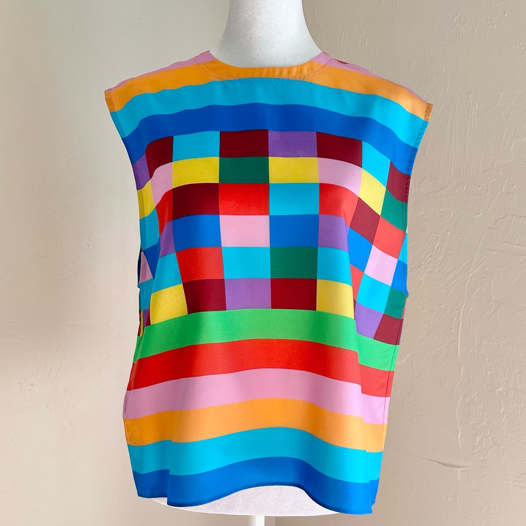 Valentino 1973 Panama Check Silk Tank Rainbow Geometric Print Size 6 Us